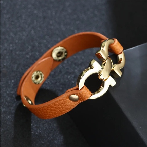 Unisex Cognac Faux Leather Bracelet with Gold Buckle Detail - Picture 2 of 2